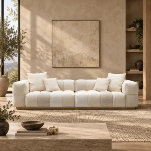 Sodoku Grid-Tufted Sofa in Cream Fabric on Plinth Base — front view