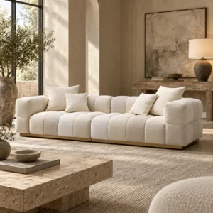 Sodoku Grid-Tufted Sofa in Cream Fabric on Plinth Base — in a room setting