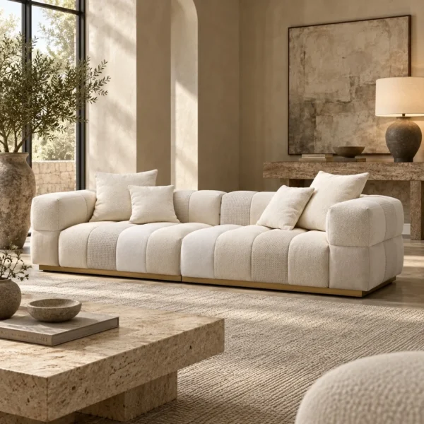 Sodoku Grid-Tufted Sofa in Cream Fabric on Plinth Base — in a room setting