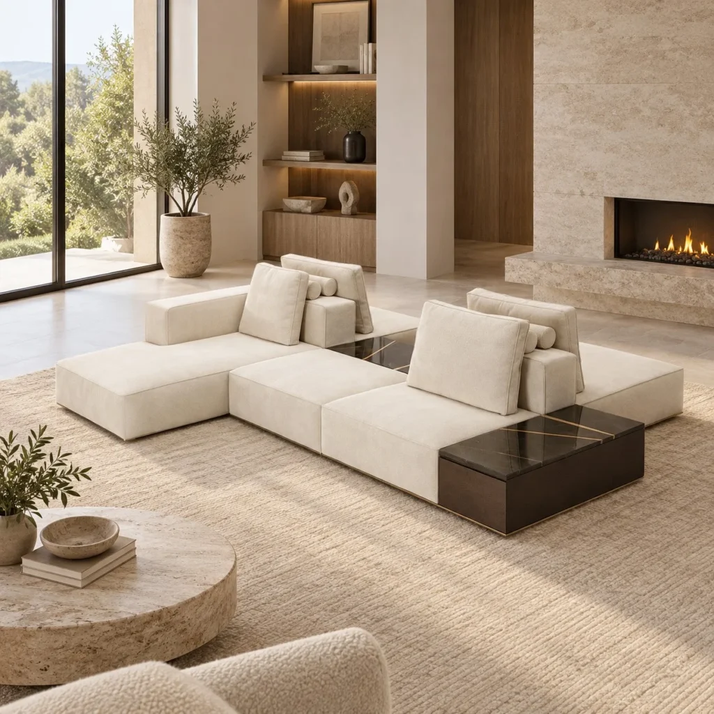Tetris Modular Sofa in Cream Fabric with Corner Table Block — front view