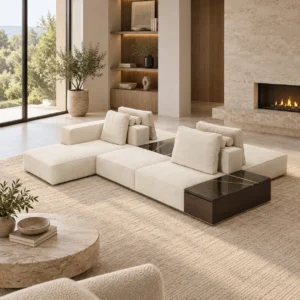 Tetris Modular Sofa in Cream Fabric with Corner Table Block — front view