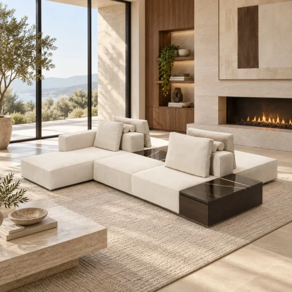 Tetris Modular Sofa in Cream Fabric with Corner Table Block — in a room setting