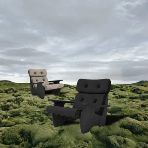 Soft Cotton Lounge Chair with Padded Back on Wood Frame in slate — front view
