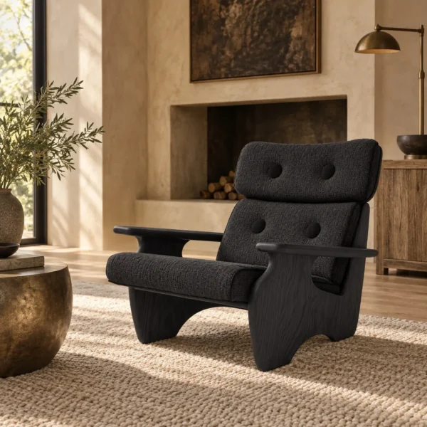 Soft Cotton Lounge Chair with Padded Back on Wood Frame in slate — in a room setting