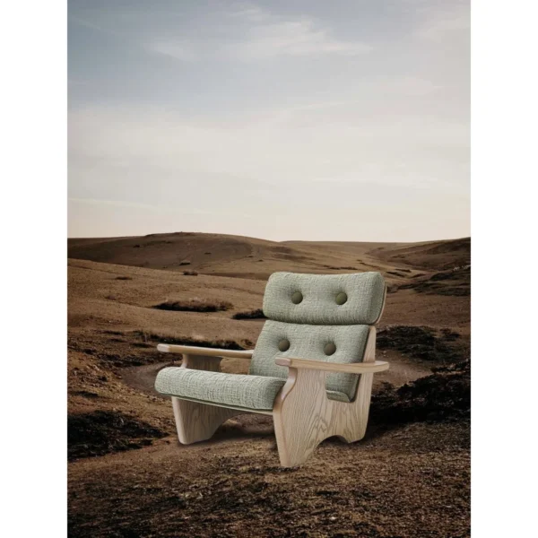 Soft Cotton Lounge Chair with Padded Back on Wood Frame in slate — in a room setting