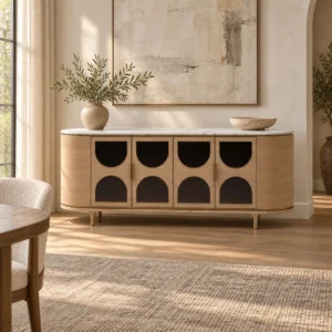 Ash Arch-Cut-Out Sideboard with Marble Top in natural oak — in a room setting