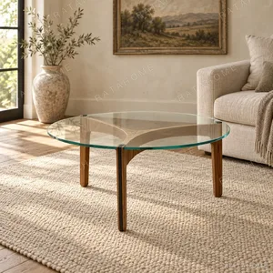 Clear Glass Coffee Table on Walnut Triangular Base in walnut — in a room setting
