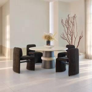 Soft-Light Travertine Round Table in oatmeal — front view