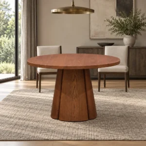Soft-Line Round Dining Table on Fluted Petal Base in clay — front view