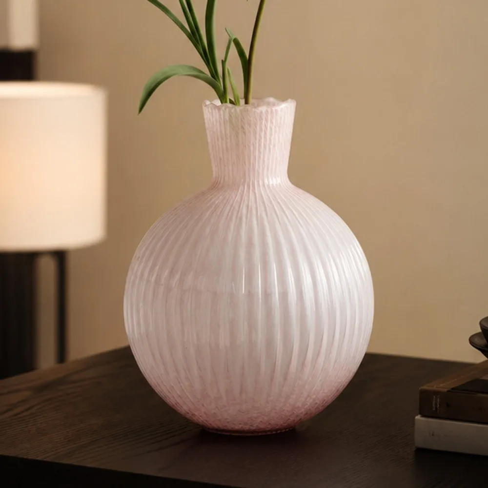 Soft Pink Ribbed Glass Sphere Vase, Two Sizes in rose stone — front view