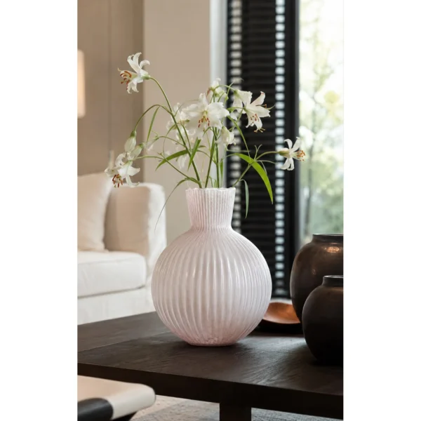 Soft Pink Ribbed Glass Sphere Vase, Two Sizes in rose stone — in a room setting