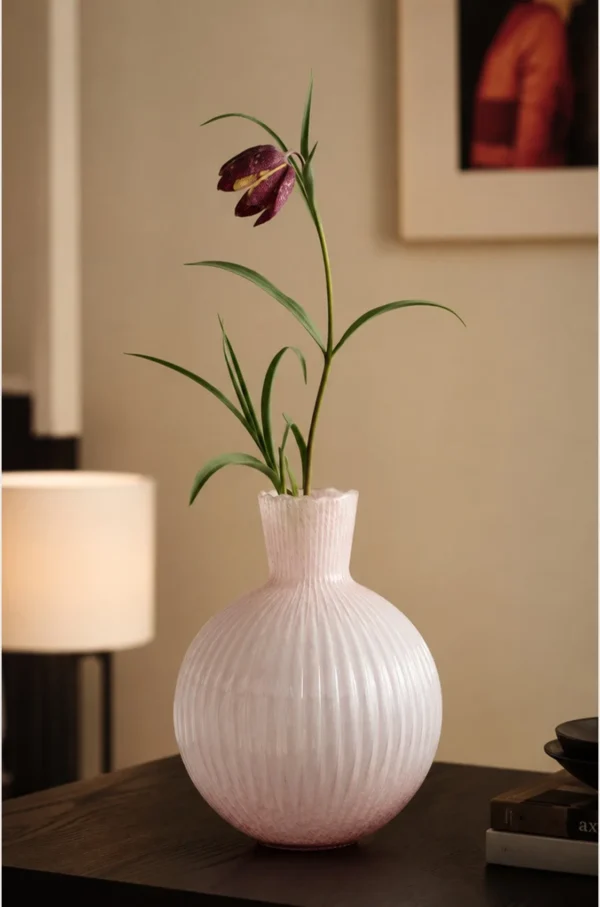 Soft Pink Ribbed Glass Sphere Vase, Two Sizes in rose stone — in a room setting