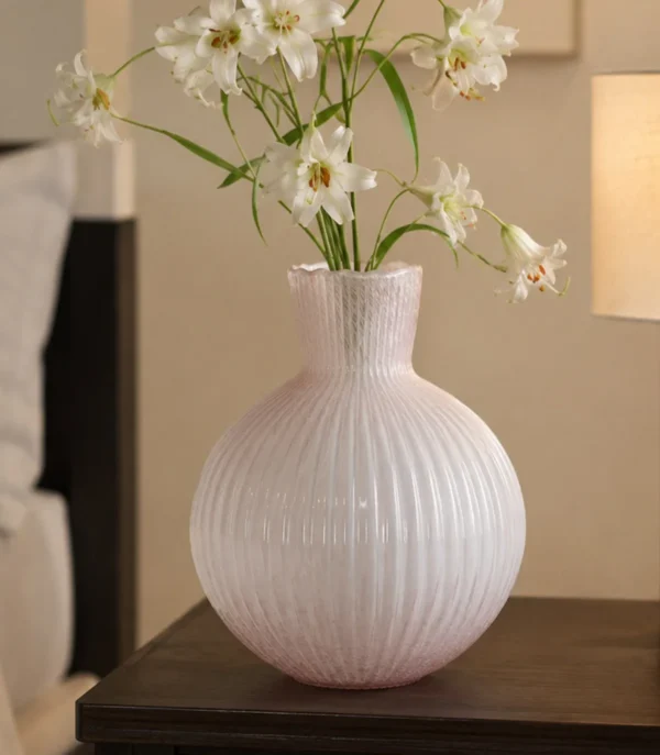 Soft Pink Ribbed Glass Sphere Vase, Two Sizes in rose stone — in a room setting