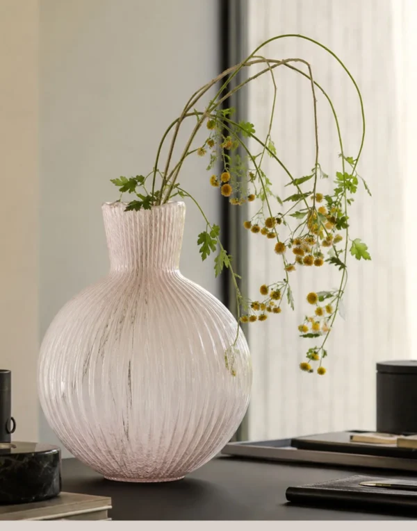 Soft Pink Ribbed Glass Sphere Vase, Two Sizes in rose stone — in a room setting