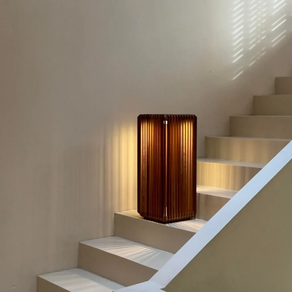 Solar Wooden Slat Lantern Outdoor Floor Lamp in walnut — front view