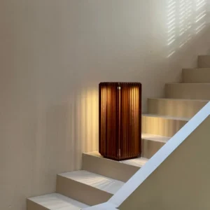 Solar Wooden Slat Lantern Outdoor Floor Lamp in walnut — front view