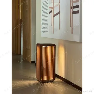 Solar Wooden Slat Lantern Outdoor Floor Lamp in walnut — in a room setting