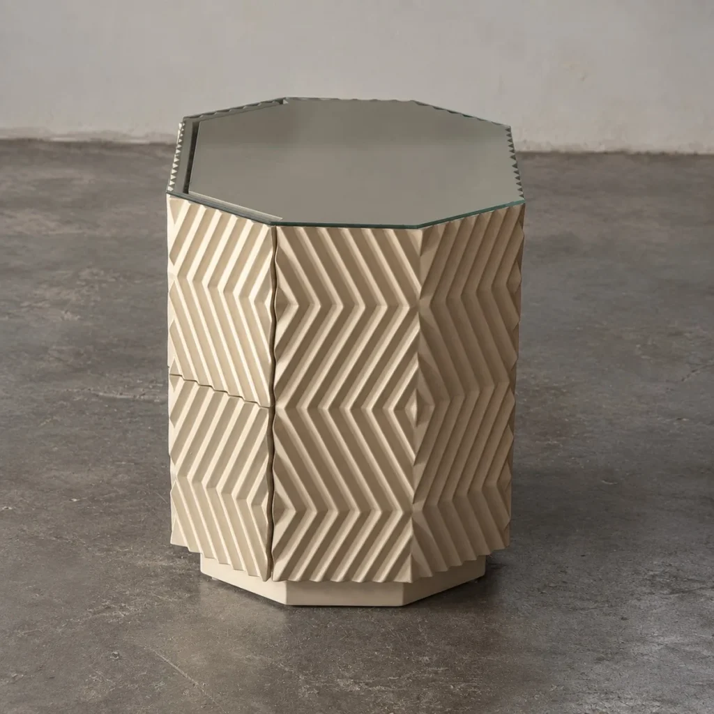 Faceted Octagonal Lacquered Nightstand with Glass Top — front view