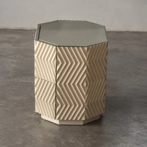 Faceted Octagonal Lacquered Nightstand with Glass Top — front view