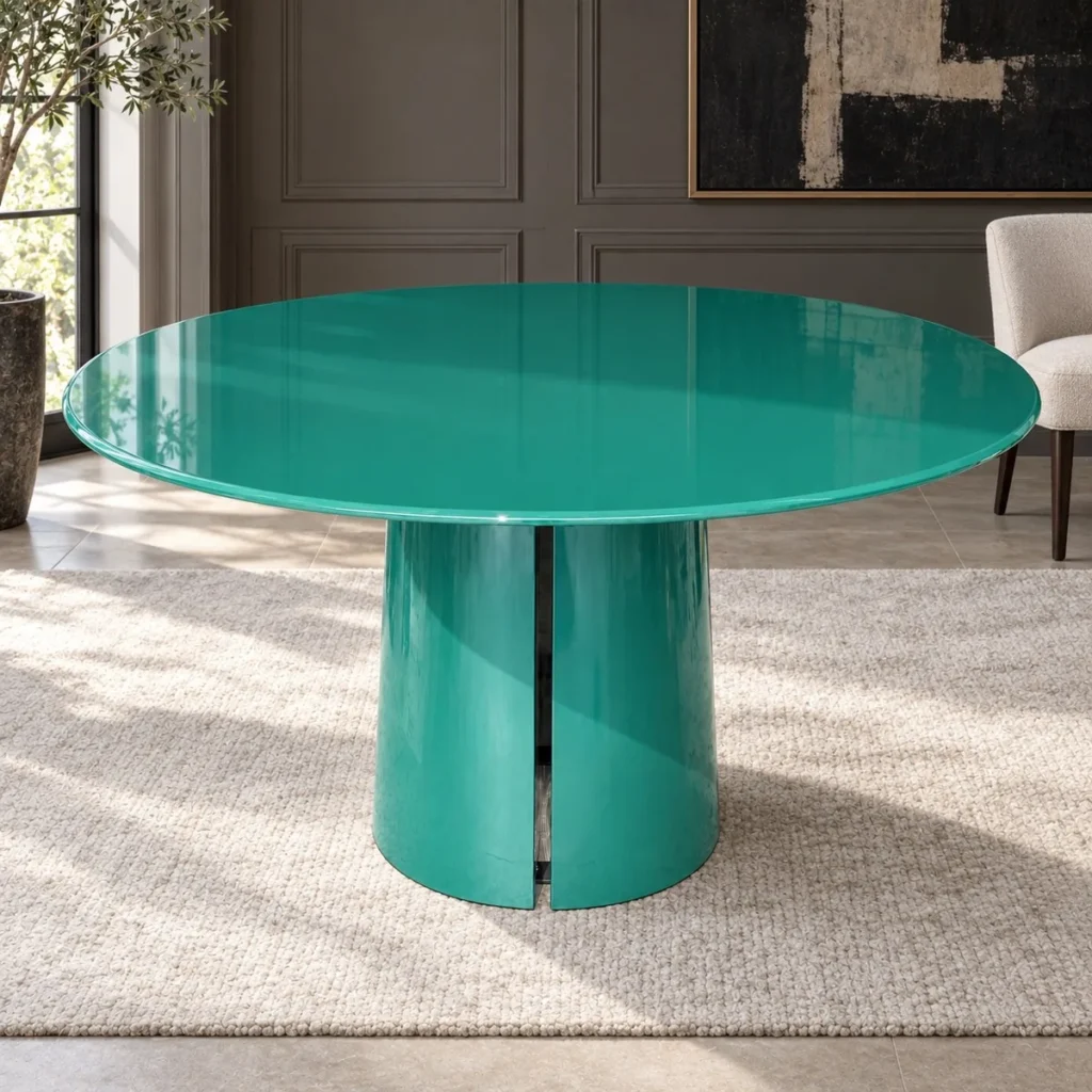 Teal High-Gloss Lacquer Round Dining Table on Split Cylinder in olive — front view