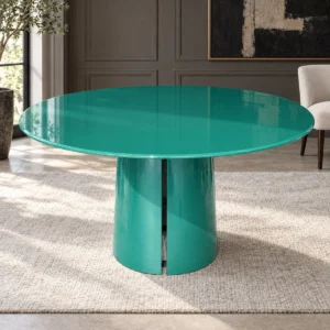 Teal High-Gloss Lacquer Round Dining Table on Split Cylinder in olive — front view