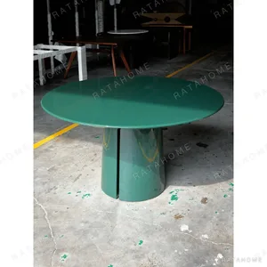 Teal High-Gloss Lacquer Round Dining Table on Split Cylinder in olive — in a room setting