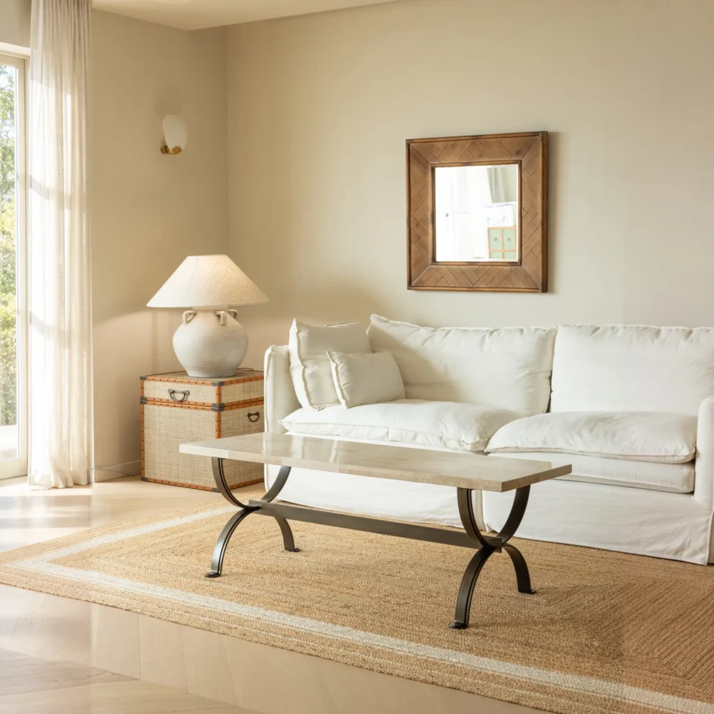 Mid-Century Stone Top Coffee Table on Curved Metal Base in oatmeal — front view