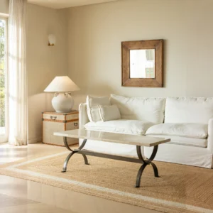 Mid-Century Stone Top Coffee Table on Curved Metal Base in oatmeal — front view