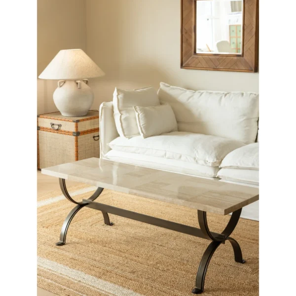 Mid-Century Stone Top Coffee Table on Curved Metal Base in oatmeal — in a room setting