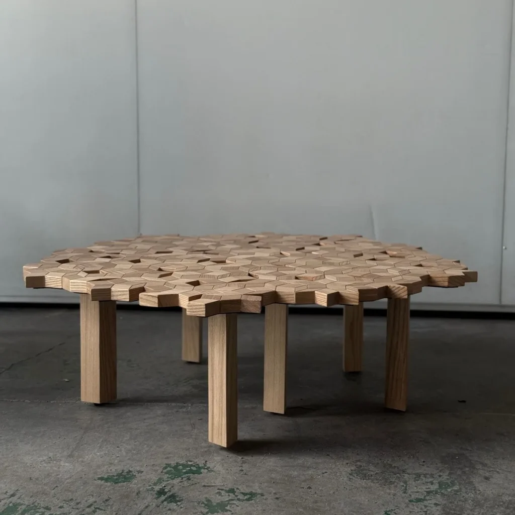 Solid Wood Carved Patchwork Coffee Table in natural oak — front view