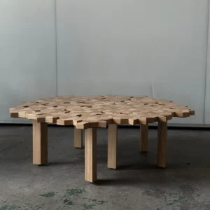 Solid Wood Carved Patchwork Coffee Table in natural oak — front view