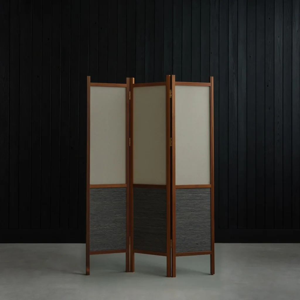 Solid Wood and Cotton-Linen Three-Panel Folding Screen in natural oak — front view