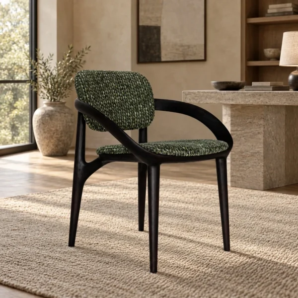 Sculpted Ash Dining Chair with Green Woven Seat in black — in a room setting