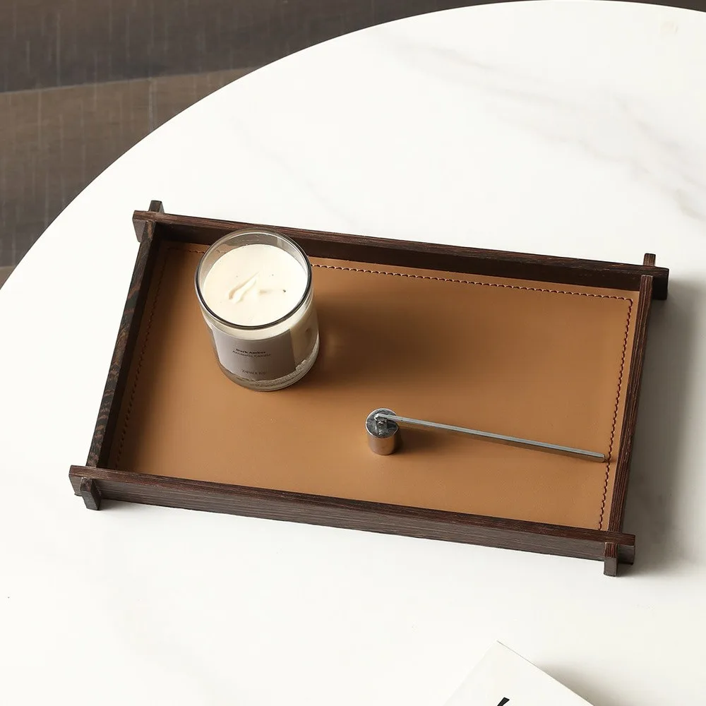 Solid Wood and Tan Leather Rectangular Tray, Small or Large in clay — front view