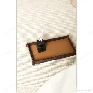 Solid Wood and Tan Leather Rectangular Tray, Small or Large in clay — in a room setting