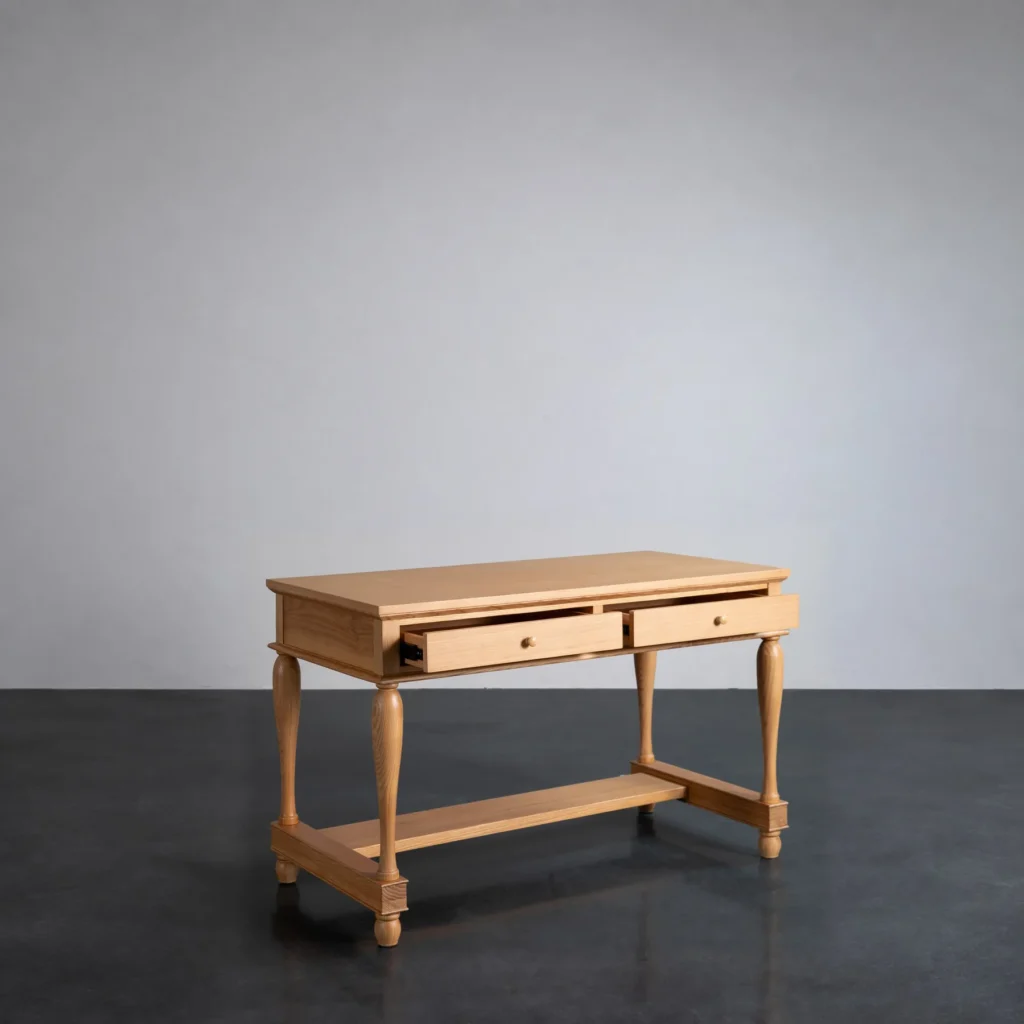 Solid Wood Writing Desk with Turned Legs and Two Drawers in natural oak — front view