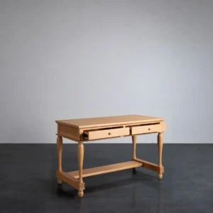 Solid Wood Writing Desk with Turned Legs and Two Drawers in natural oak — front view