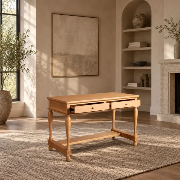 Solid Wood Writing Desk with Turned Legs and Two Drawers in natural oak — in a room setting