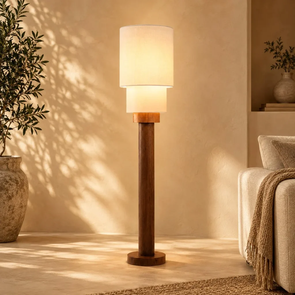 Solid Wood Column Floor Lamp with Double Linen Shade in clay — front view