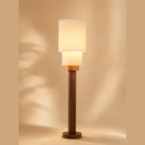 Solid Wood Column Floor Lamp with Double Linen Shade in clay — in a room setting