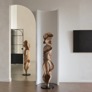 Hand-Carved Camphor Wood Twisting Floor Sculpture in natural oak — front view