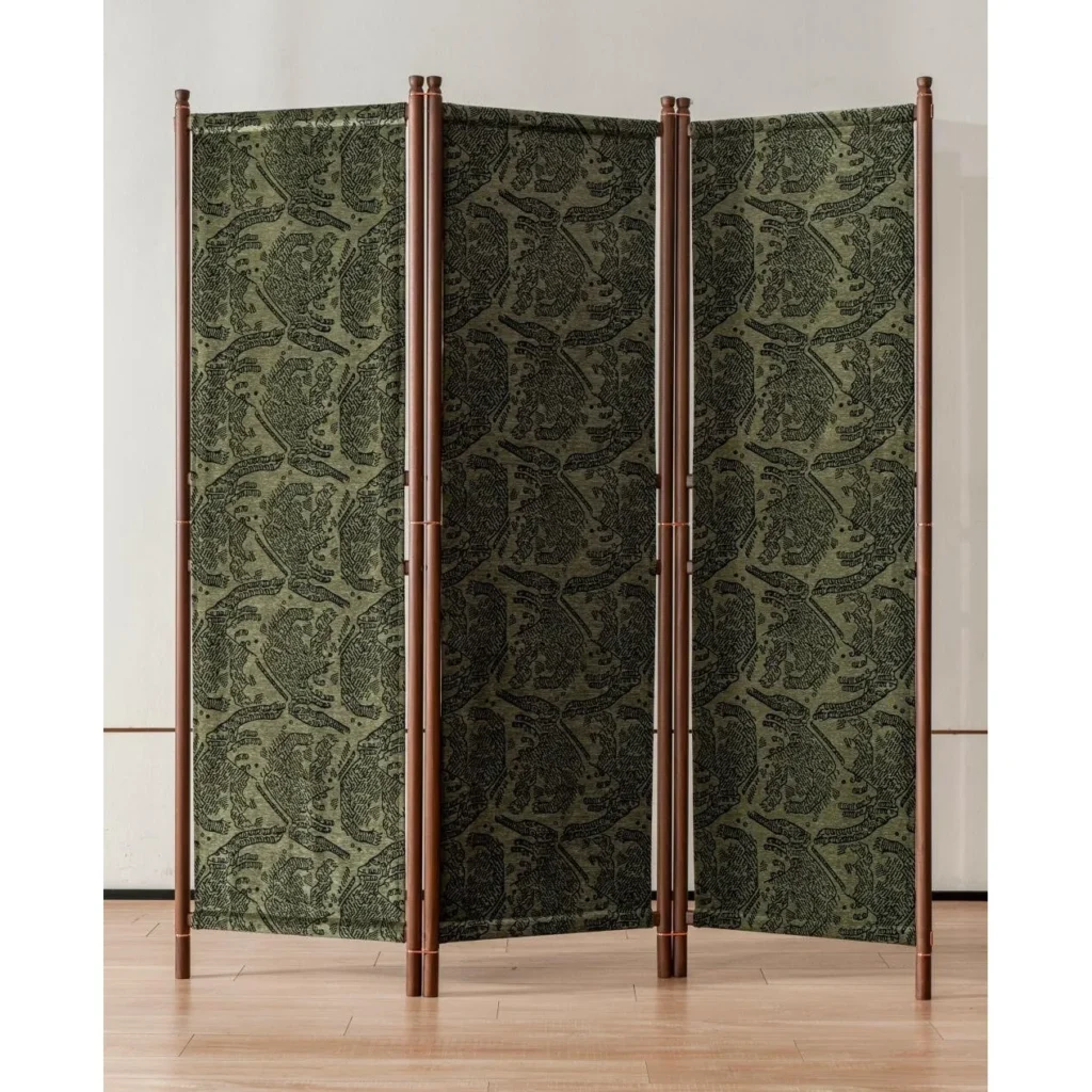 Solid Wood Folding Screen with Patterned Fabric Panels in olive — front view