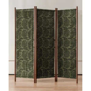 Solid Wood Folding Screen with Patterned Fabric Panels in olive — front view