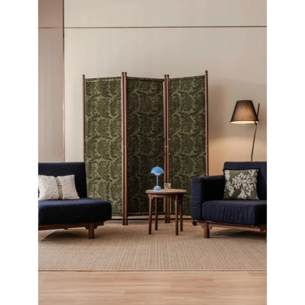 Solid Wood Folding Screen with Patterned Fabric Panels in olive — in a room setting