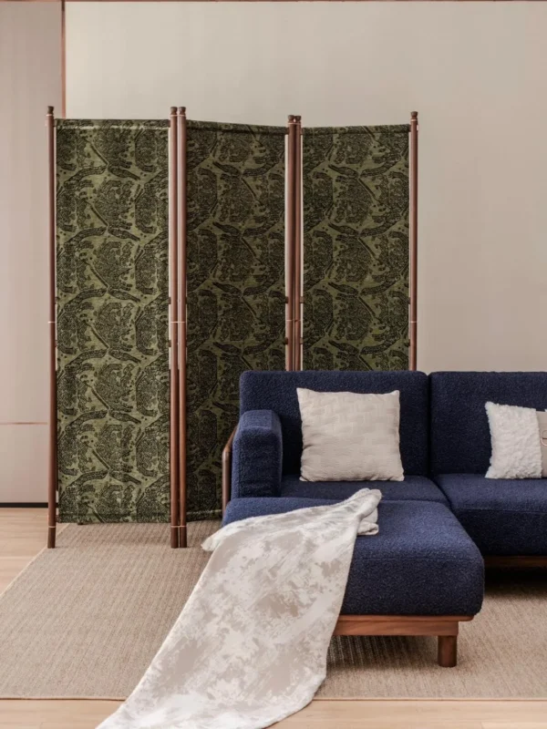 Solid Wood Folding Screen with Patterned Fabric Panels in olive — in a room setting