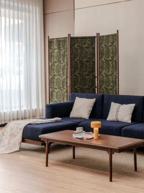 Solid Wood Folding Screen with Patterned Fabric Panels in olive — in a room setting