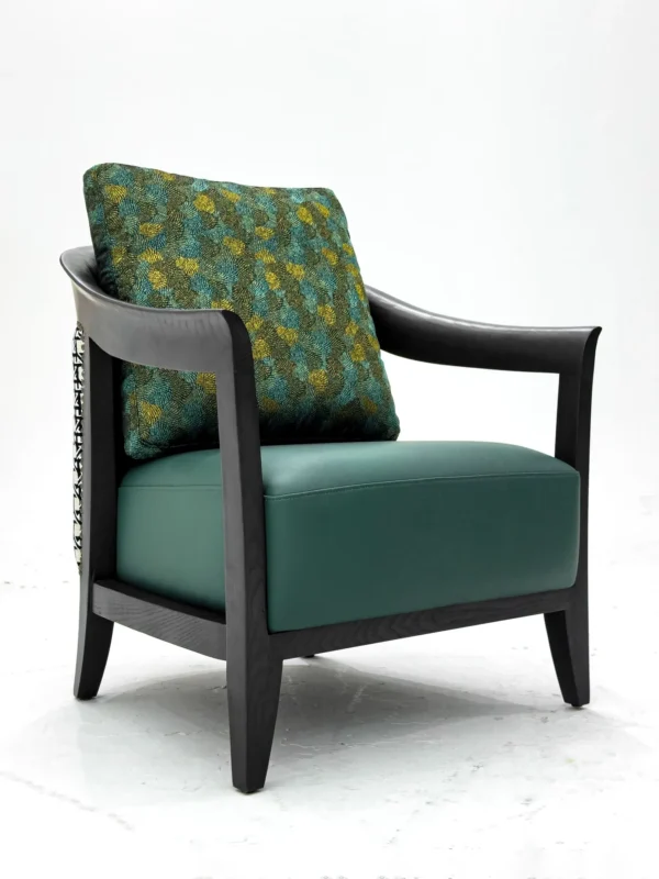 Charcoal Solid Wood Lounge Chair in Vintage Green Leather — in a room setting