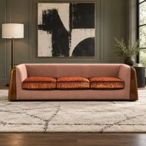 Vintage Pattern Sofa with Lacquered Wood Frame in Blush and Rust — front view