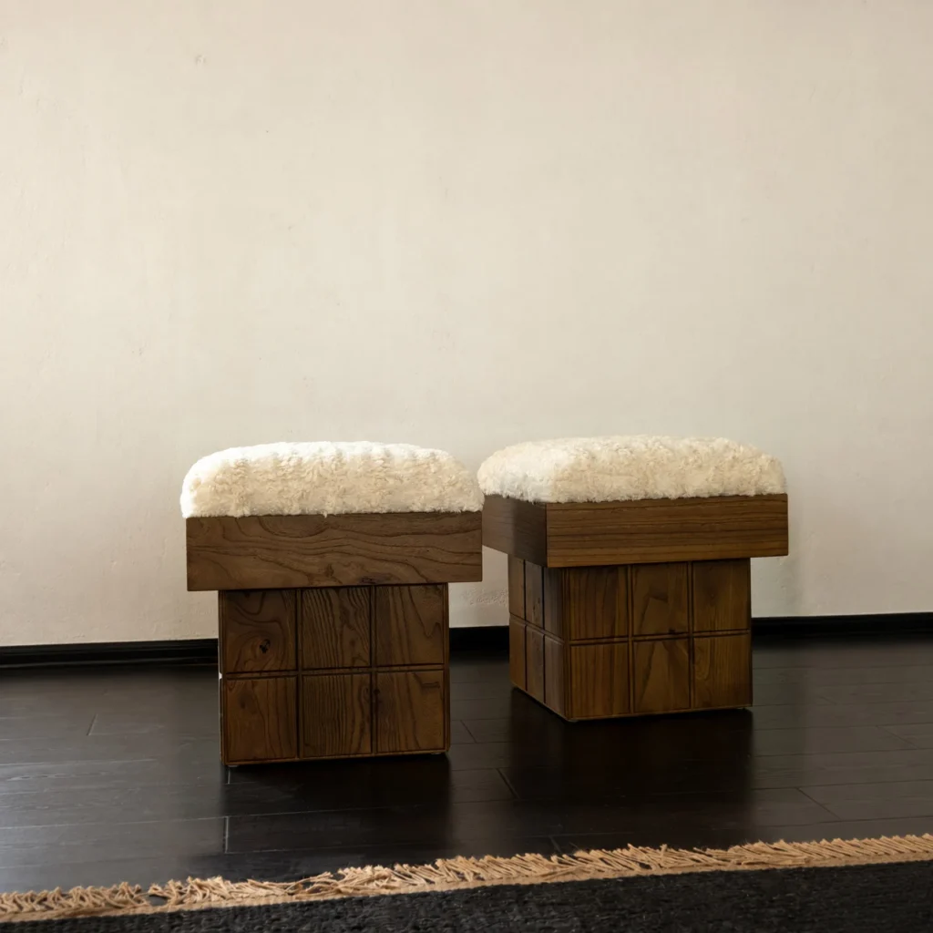 Solid Wood Grid Upholstered Pouf in performance fabric — front view