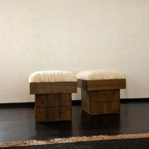 Solid Wood Grid Upholstered Pouf in performance fabric — front view